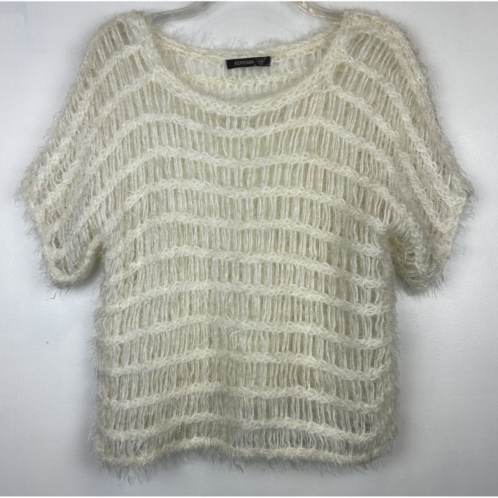 Open Knit Top Women Small Medium Sweater Oversized Pullover Ivory Boho Fuzzy